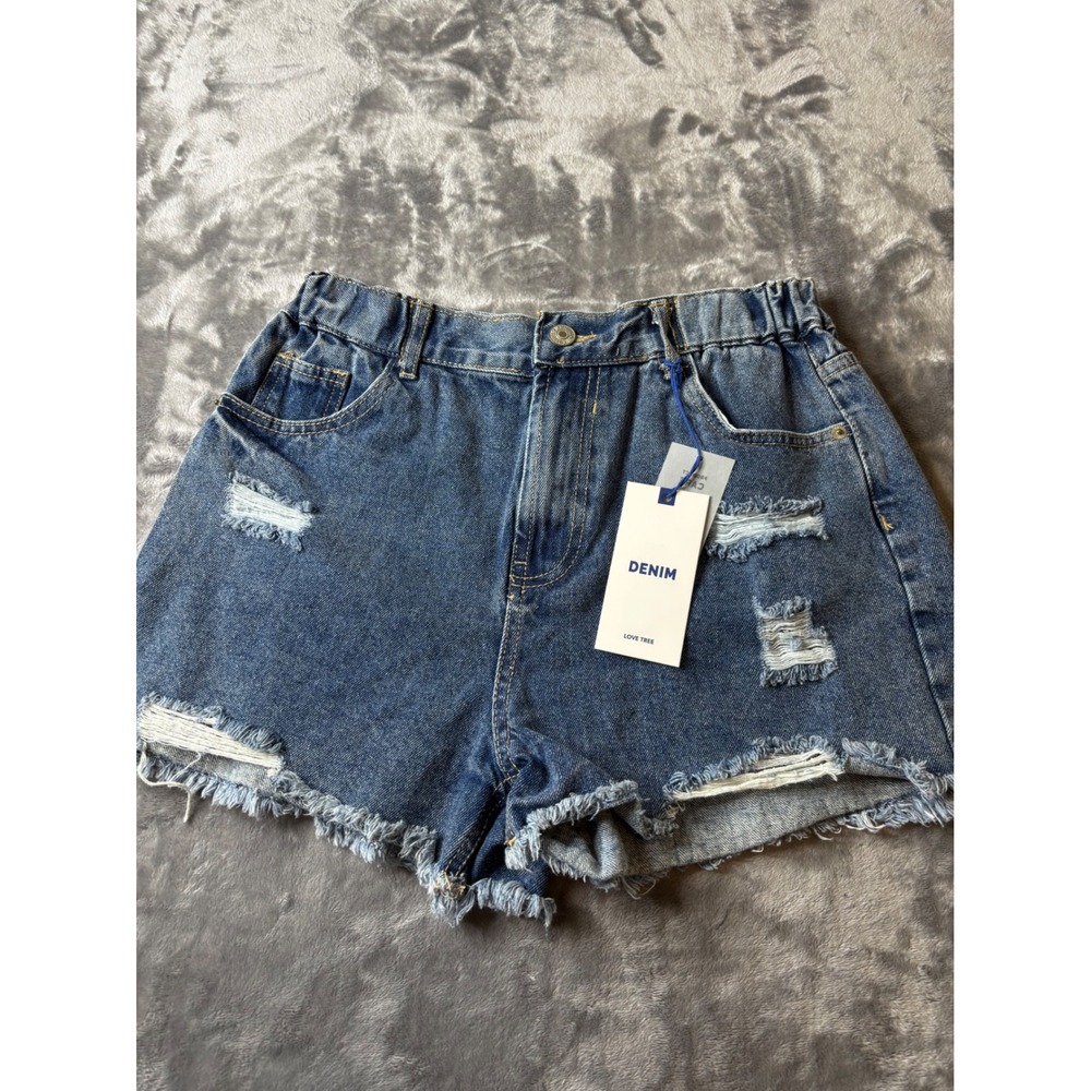 Love Tree Denim Womens Distressed High Waisted Jean Shorts L Medium Wash Blue